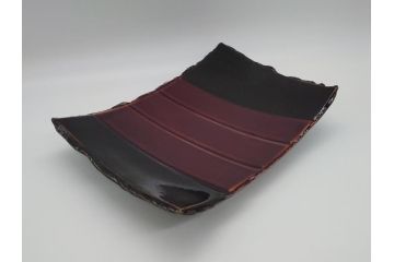 大樋年雄(十一代　大樋長左衛門)　文陽窯　大樋焼　飴釉　長方形　1.1尺皿　約34cm　掛分け線紋皿(一尺一寸、共箱付き、変形皿、大樋焼宗家十代長左衛門窯、和皿、和食器)(R-061730)