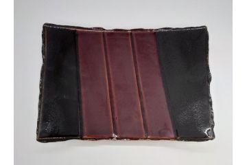 大樋年雄(十一代　大樋長左衛門)　文陽窯　大樋焼　飴釉　長方形　1.1尺皿　約34cm　掛分け線紋皿(一尺一寸、共箱付き、変形皿、大樋焼宗家十代長左衛門窯、和皿、和食器)(R-061730)