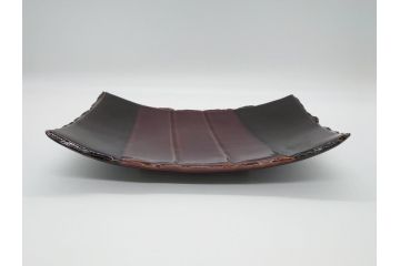 大樋年雄(十一代　大樋長左衛門)　文陽窯　大樋焼　飴釉　長方形　1.1尺皿　約34cm　掛分け線紋皿(一尺一寸、共箱付き、変形皿、大樋焼宗家十代長左衛門窯、和皿、和食器)(R-061730)