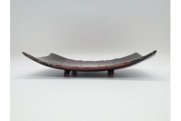 大樋年雄(十一代　大樋長左衛門)　文陽窯　大樋焼　飴釉　長方形　1.1尺皿　約34cm　掛分け線紋皿(一尺一寸、共箱付き、変形皿、大樋焼宗家十代長左衛門窯、和皿、和食器)(R-061730)