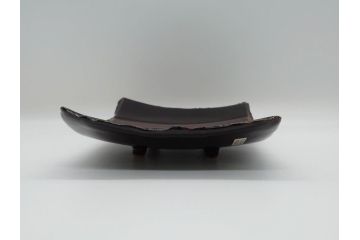 大樋年雄(十一代　大樋長左衛門)　文陽窯　大樋焼　飴釉　長方形　1.1尺皿　約34cm　掛分け線紋皿(一尺一寸、共箱付き、変形皿、大樋焼宗家十代長左衛門窯、和皿、和食器)(R-061730)