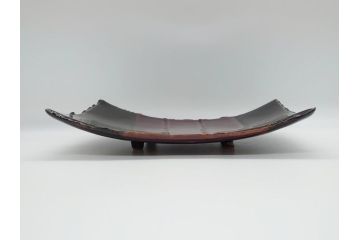 大樋年雄(十一代　大樋長左衛門)　文陽窯　大樋焼　飴釉　長方形　1.1尺皿　約34cm　掛分け線紋皿(一尺一寸、共箱付き、変形皿、大樋焼宗家十代長左衛門窯、和皿、和食器)(R-061730)