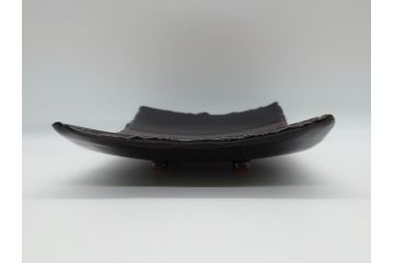 大樋年雄(十一代　大樋長左衛門)　文陽窯　大樋焼　飴釉　長方形　1.1尺皿　約34cm　掛分け線紋皿(一尺一寸、共箱付き、変形皿、大樋焼宗家十代長左衛門窯、和皿、和食器)(R-061730)