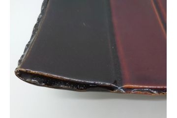 大樋年雄(十一代　大樋長左衛門)　文陽窯　大樋焼　飴釉　長方形　1.1尺皿　約34cm　掛分け線紋皿(一尺一寸、共箱付き、変形皿、大樋焼宗家十代長左衛門窯、和皿、和食器)(R-061730)