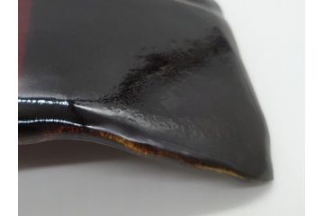 大樋年雄(十一代　大樋長左衛門)　文陽窯　大樋焼　飴釉　長方形　1.1尺皿　約34cm　掛分け線紋皿(一尺一寸、共箱付き、変形皿、大樋焼宗家十代長左衛門窯、和皿、和食器)(R-061730)