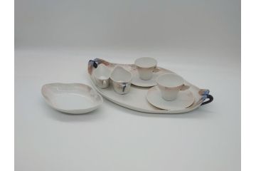 希少　デンマーク　ROYAL　COPENHAGEN(ロイヤルコペンハーゲン)　ミッドサマーナイトドリーム 　ティーセット等6点セット(プレート、カップ&ソーサー、トレイ、舟形ボウル、ティーカップ (モカカップ)&ソーサー、クリーマー、シュガーポット)(R-061731)