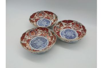 幕末　富長貴春(富貴長春)　伊万里　色絵染付　5寸皿　約15.5cm　色鮮やかで縁起の良い絵柄の小皿3枚セット(五寸、小鉢、牡丹、和食器、和皿)(R-061732)