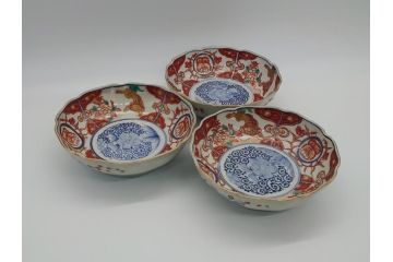 幕末　富長貴春(富貴長春)　伊万里　色絵染付　5寸皿　約15.5cm　色鮮やかで縁起の良い絵柄の小皿3枚セット(五寸、小鉢、牡丹、和食器、和皿)(R-061732)