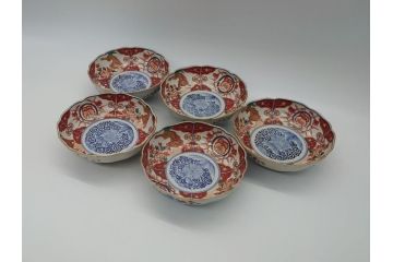 幕末　富長貴春(富貴長春)　伊万里　色絵染付　5寸皿　約15.5cm　色鮮やかで縁起の良い絵柄の小皿5枚セット(五寸、小鉢、牡丹、和食器、和皿)(R-061733)