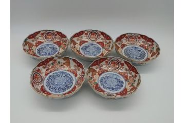 幕末　富長貴春(富貴長春)　伊万里　色絵染付　5寸皿　約15.5cm　色鮮やかで縁起の良い絵柄の小皿5枚セット(五寸、小鉢、牡丹、和食器、和皿)(R-061733)