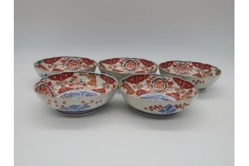 幕末　富長貴春(富貴長春)　伊万里　色絵染付　5寸皿　約15.5cm　色鮮やかで縁起の良い絵柄の小皿5枚セット(五寸、小鉢、牡丹、和食器、和皿)(R-061733)