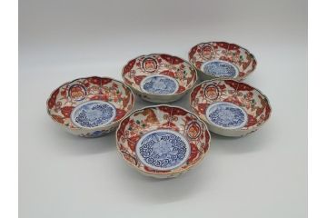 幕末　富長貴春(富貴長春)　伊万里　色絵染付　5寸皿　約15.5cm　色鮮やかで縁起の良い絵柄の小皿5枚セット(五寸、小鉢、牡丹、和食器、和皿)(R-061733)