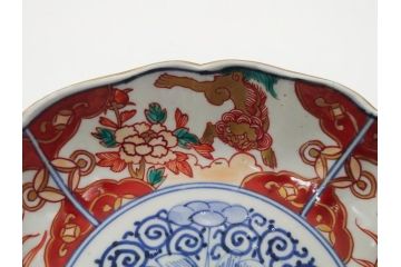 幕末　富長貴春(富貴長春)　伊万里　色絵染付　5寸皿　約15.5cm　色鮮やかで縁起の良い絵柄の小皿5枚セット(五寸、小鉢、牡丹、和食器、和皿)(R-061733)