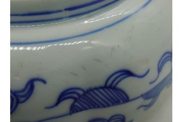 明治期　伊万里焼　ベロ藍　染付　8.7寸皿　約26.5cm　紺青色が目を引く花草文様の深鉢(八寸七分、牡丹、深皿、和食器、和皿)(R-061752)