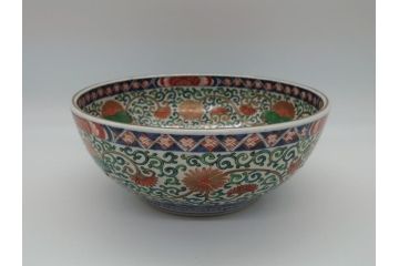 江戸後期　伊万里　二重高台　金彩　色絵　染付　8.3寸皿　約25cm　伝統美が輝く華やかで豪華な深鉢(八寸三分、深皿、丼、唐草文、和食器、和皿)(R-061753)