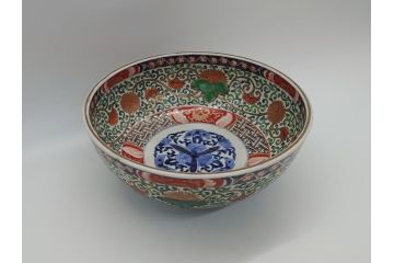 江戸後期　伊万里　二重高台　金彩　色絵　染付　8.3寸皿　約25cm　伝統美が輝く華やかで豪華な深鉢(八寸三分、深皿、丼、唐草文、和食器、和皿)(R-061753)