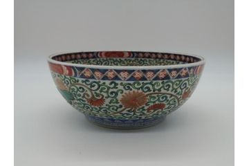 江戸後期　伊万里　二重高台　金彩　色絵　染付　8.3寸皿　約25cm　伝統美が輝く華やかで豪華な深鉢(八寸三分、深皿、丼、唐草文、和食器、和皿)(R-061753)