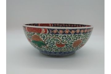 江戸後期　伊万里　二重高台　金彩　色絵　染付　8.3寸皿　約25cm　伝統美が輝く華やかで豪華な深鉢(八寸三分、深皿、丼、唐草文、和食器、和皿)(R-061753)