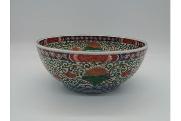 江戸後期　伊万里　二重高台　金彩　色絵　染付　8.3寸皿　約25cm　伝統美が輝く華やかで豪華な深鉢(八寸三分、深皿、丼、唐草文、和食器、和皿)(R-061753)