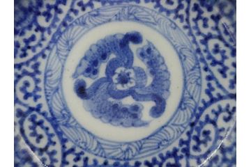 江戸期　古伊万里　染付　二重角福　蛸唐草　3.5寸皿　約10.5　爽やかな藍色の蛸唐草文様が魅力の小皿3枚セット(三寸五分、渦福、和食器、和皿)(R-061754)