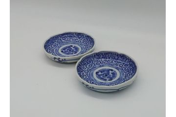 江戸期　古伊万里　染付　二重角福　蛸唐草　3.5寸皿　約10.5　爽やかな藍色の蛸唐草文様が魅力の小皿2枚セット(三寸五分、渦福、和食器、和皿)(R-061755)