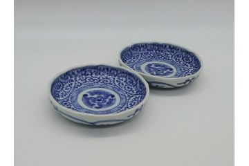 江戸期　古伊万里　染付　二重角福　蛸唐草　3.5寸皿　約10.5　爽やかな藍色の蛸唐草文様が魅力の小皿2枚セット(三寸五分、渦福、和食器、和皿)(R-061755)