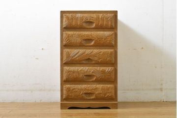 中古　伝統工芸　日光彫り　大振りな花の意匠が目を惹く小引き出し(小物収納、卓上収納)(R-061773)