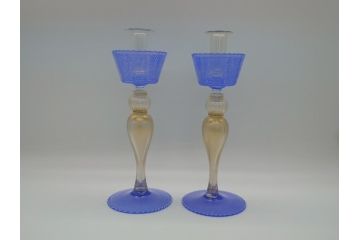 イタリア　ムラノガラス　Miyako&Gregg　Murauo　June2005　金彩　キャンドルスタンド　優美なフォルムが目を惹く燭台1対(蝋燭立て、ヴェネチアングラス、ムラーノガラス、ガラス工芸)(R-061774)