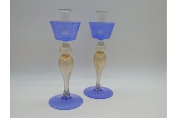 イタリア　ムラノガラス　Miyako&Gregg　Murauo　June2005　金彩　キャンドルスタンド　優美なフォルムが目を惹く燭台1対(蝋燭立て、ヴェネチアングラス、ムラーノガラス、ガラス工芸)(R-061774)