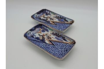 江戸期　富長貴春(富貴長春)　古伊万里　染付　金彩　色絵　蛸唐草　7.3寸皿　約22cm　大胆かつ繊細な絵柄に魅了される長皿2客(七寸三分、和皿、角皿、和食器)(R-061777)