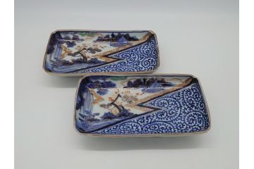 江戸期　富長貴春(富貴長春)　古伊万里　染付　金彩　色絵　蛸唐草　7.3寸皿　約22cm　大胆かつ繊細な絵柄に魅了される長皿2客(七寸三分、和皿、角皿、和食器)(R-061777)