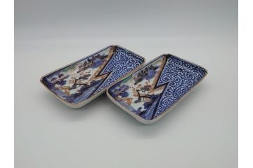 江戸期　富長貴春(富貴長春)　古伊万里　染付　金彩　色絵　蛸唐草　7.3寸皿　約22cm　大胆かつ繊細な絵柄に魅了される長皿2客(七寸三分、和皿、角皿、和食器)(R-061777)