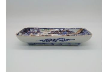 江戸期　富長貴春(富貴長春)　古伊万里　染付　金彩　色絵　蛸唐草　7.3寸皿　約22cm　大胆かつ繊細な絵柄に魅了される長皿2客(七寸三分、和皿、角皿、和食器)(R-061777)