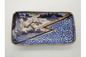 江戸期　富長貴春(富貴長春)　古伊万里　染付　金彩　色絵　蛸唐草　7.3寸皿　約22cm　大胆かつ繊細な絵柄に魅了される長皿2客(七寸三分、和皿、角皿、和食器)(R-061777)