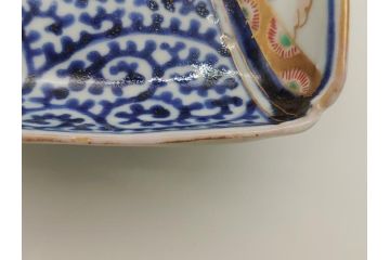 江戸期　富長貴春(富貴長春)　古伊万里　染付　金彩　色絵　蛸唐草　7.3寸皿　約22cm　大胆かつ繊細な絵柄に魅了される長皿2客(七寸三分、和皿、角皿、和食器)(R-061777)