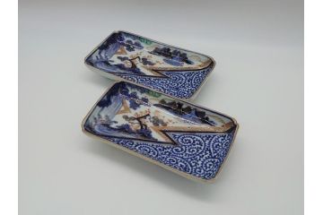 江戸期　富長貴春(富貴長春)　古伊万里　染付　金彩　色絵　蛸唐草　7.3寸皿　約21.5cm　大胆かつ繊細な絵柄に魅了される長皿2客(七寸三分、和皿、角皿、和食器)(R-061778)