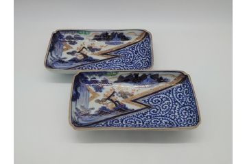 江戸期　富長貴春(富貴長春)　古伊万里　染付　金彩　色絵　蛸唐草　7.3寸皿　約21.5cm　大胆かつ繊細な絵柄に魅了される長皿2客(七寸三分、和皿、角皿、和食器)(R-061778)