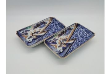 江戸期　富長貴春(富貴長春)　古伊万里　染付　金彩　色絵　蛸唐草　7.3寸皿　約21.5cm　大胆かつ繊細な絵柄に魅了される長皿2客(七寸三分、和皿、角皿、和食器)(R-061778)