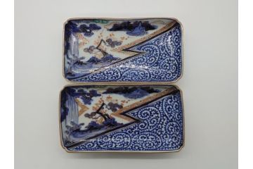 江戸期　富長貴春(富貴長春)　古伊万里　染付　金彩　色絵　蛸唐草　7.3寸皿　約21.5cm　大胆かつ繊細な絵柄に魅了される長皿2客(七寸三分、和皿、角皿、和食器)(R-061778)