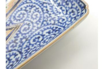 江戸期　富長貴春(富貴長春)　古伊万里　染付　金彩　色絵　蛸唐草　7.3寸皿　約21.5cm　大胆かつ繊細な絵柄に魅了される長皿2客(七寸三分、和皿、角皿、和食器)(R-061778)