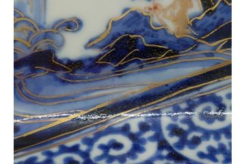 江戸期　富長貴春(富貴長春)　古伊万里　染付　金彩　色絵　蛸唐草　7.3寸皿　約21.5cm　大胆かつ繊細な絵柄に魅了される長皿2客(七寸三分、和皿、角皿、和食器)(R-061778)