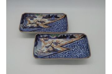 江戸期　富長貴春(富貴長春)　古伊万里　染付　金彩　色絵　蛸唐草　7.3寸皿　約22cm　大胆かつ繊細な絵柄に魅了される長皿2客(七寸三分、和皿、角皿、和食器)(R-061779)
