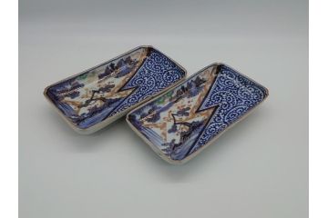 江戸期　富長貴春(富貴長春)　古伊万里　染付　金彩　色絵　蛸唐草　7.3寸皿　約22cm　大胆かつ繊細な絵柄に魅了される長皿2客(七寸三分、和皿、角皿、和食器)(R-061779)