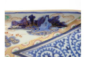 江戸期　富長貴春(富貴長春)　古伊万里　染付　金彩　色絵　蛸唐草　7.3寸皿　約22cm　大胆かつ繊細な絵柄に魅了される長皿2客(七寸三分、和皿、角皿、和食器)(R-061779)