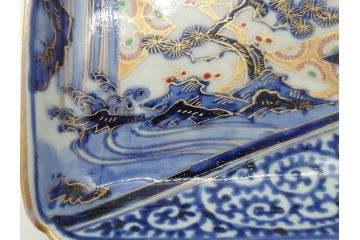 江戸期　富長貴春(富貴長春)　古伊万里　染付　金彩　色絵　蛸唐草　7.3寸皿　約22cm　大胆かつ繊細な絵柄に魅了される長皿2客(七寸三分、和皿、角皿、和食器)(R-061779)