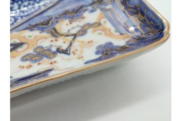 江戸期　富長貴春(富貴長春)　古伊万里　染付　金彩　色絵　蛸唐草　7.3寸皿　約22cm　大胆かつ繊細な絵柄に魅了される長皿2客(七寸三分、和皿、角皿、和食器)(R-061779)