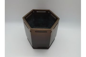 明治〜大正　六角　使い込むほどに味の出る古銅火鉢(手あぶり、鉢カバー、茶道具)(R-061783)