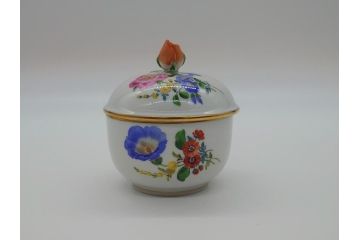 ドイツ　マイセン　Meissen　ベーシックフラワー　三つ花　優雅で華やかなシュガーポット(蓋物、西洋陶磁器)(R-061784)