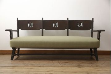 中古　美品　神戸洋家具　永田良介商店　タツ型の彫刻が存在感を放つ3人掛けソファ(三人掛け、3P)(R-061790)