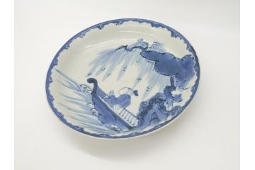 江戸期　古伊万里　染付　山水図　唐子　9.2寸皿　約28cm　ぷっくりとした愛らしい唐子図の大皿(九寸二分、和皿、和食器)(R-061797)